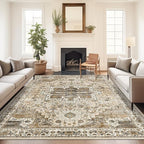 6x9 Rug, Stain Resistant Washable Area Rugs with Anti-Slip Backing, Vintage Large Bedroom, Living Room Rugs, Foldable Soft Rug (Beige/Brown, 6'x9')