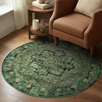 Green Round Rugs 4ft for Bedroom Living Room, Low Pile Thin Washable Entryway Area Rugs Non Slip, Traditional Medallion Printed Circle Carpet for Kitchen Dining Room