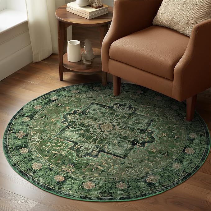 Dark Green Round Rugs 5ft, Low Pile Thin Circle Rugs Non Slip Washable, Traditional Medallion Printed Circle Carpet 5 feet for Bedroom Living Room Kitchen Dining Room