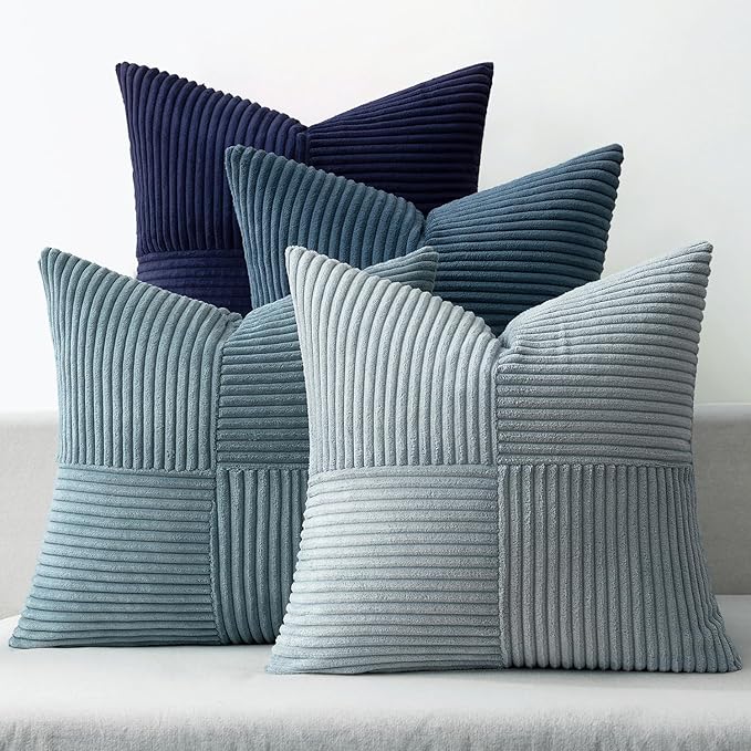 MIULEE Dusty Blue Navy Farmhouse Throw Pillow Covers 18x18 Inch Set of 4 Boho Patchwork Gradient Cushion Cases Western Modern Pillow Cases Corduroy Home Decor for Couch Sofa Living Room Bed