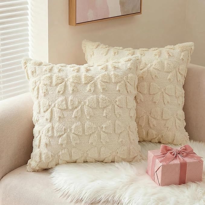 AVOIN colorlife Beige Spring Bow Throw Pillow Covers Set of 2, 18 x 18 Inch Coquette Aesthetic Room Decor Soft Plush Faux Fur Cushion Case for Girls Room