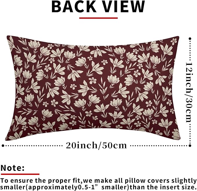 Burgundy Pillow Covers 12x20 Set of 2 Vintage Floral Rustic Old Style Cute Flower Print Rectangle Decorative Outdoor Pillowcases Seasonal Farmhouse Throw Cushion Case Couch Sofa Bed Decor