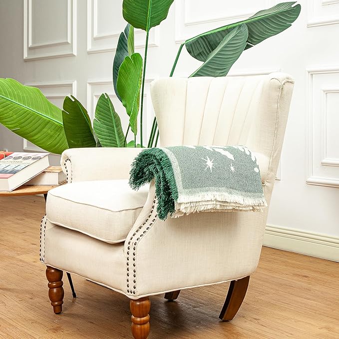 LALIFIT Boho Chic Decorative Throw Blanket Vintage Woodland Floral Bird Design with Tassels Soft Cotton Lightweight & Cozy for Home, Couch, Sofa, Farmhouse 50x60 Inches (Forest Green)