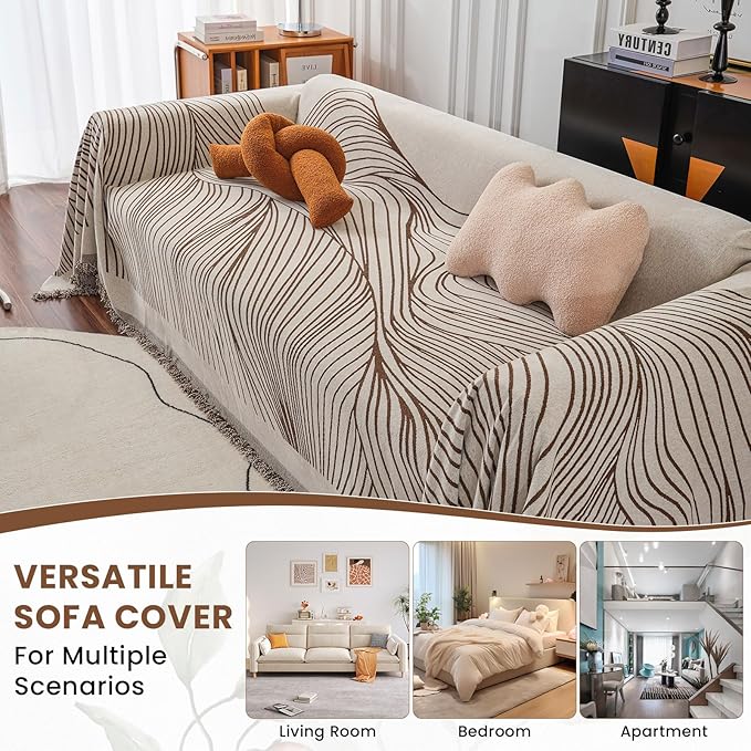 VClife XXL Sofa Cover Chenille Couch Cover for 3 Cushion Couch Sofa, Modern Beige Chocolate Striped Couch Covers for Kids Washable Sectional Sofa Protector with Tassel 71"X150"