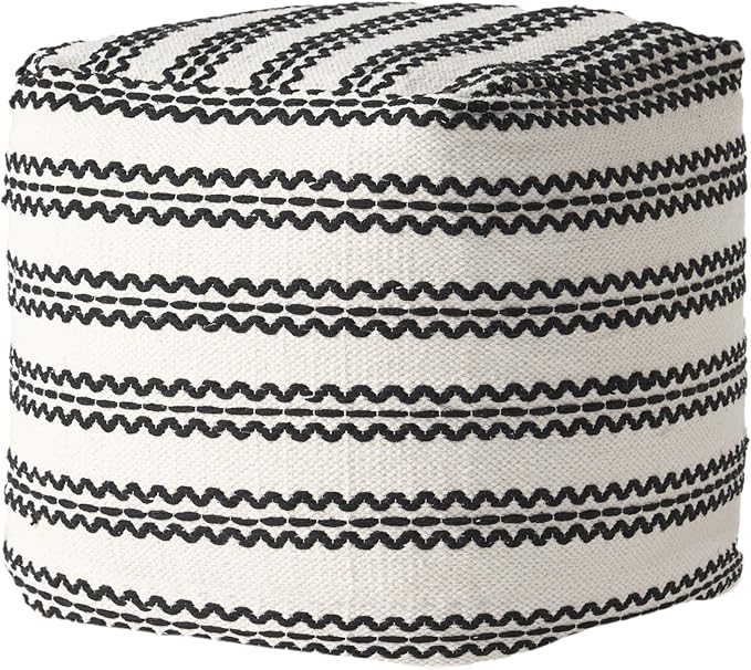 GDFStudio Boho Handmade Fabric Cube Pouf Ottoman Foot Stool - Bean Bag Floor Chair - Foot Rest Couch for Living Room Bedroom,Natural and Black,16" x 16" x 15.75"