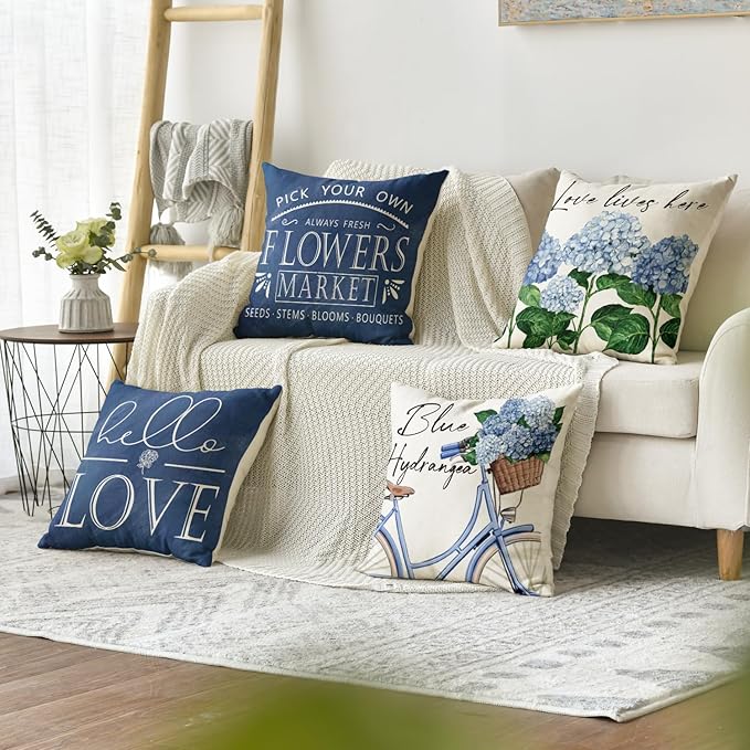 AVOIN colorlife Hello Love Blue Hydrangea Bicycle Throw Pillow Covers, 20 x 20 Inch Flowers Summer Spring Mother's Day Cushion Case for Sofa Couch Set of 4