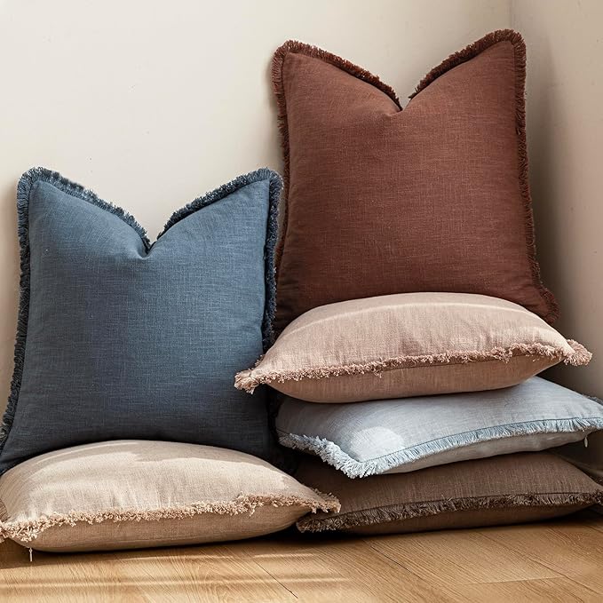 Foindtower Set of 2 Decorative Linen Fringe Throw Pillow Covers Cozy Farmhouse Cushion Cover with Tassels Accent Pillowcase for Couch Chair Sofa Bed Living Room Home Decor,16×16 Inch,Dark Blue