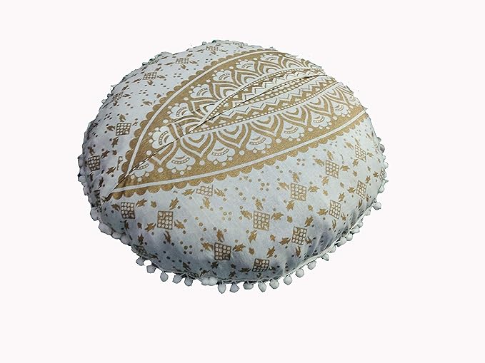 CRAFT KALA Mandala Floor Pillow Cushion Cover Seating Throw Cover Hippie Decorative Bohemian Ottoman Poufs Pom Pom Pillow Cases Boho Indian Cotton Living Room Home Décor 24" Round White Gold Ombre