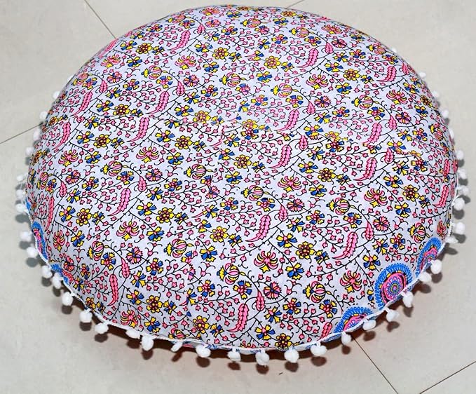 CRAFT KALA 22" Floor Pillows Cover for Sitting, Large Meditation Cushions Cover for Adults, Bohemian Mandala Round Pouf Seating Ottoman Cover for Outdoor Yoga and Living Room Pink Yellow Floral