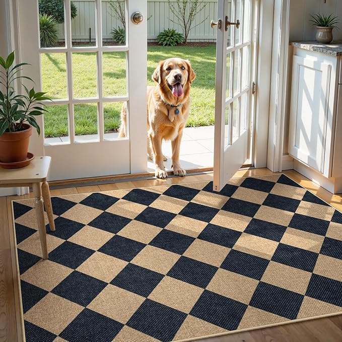 Lanffia Checkered Easy Jute Outdoor Rug, Black 3x5 Entryway Rugs for Living Room, Diamond Washable Indoor Outdoor Carpet, Neutral Non Slip Stain Resistant Front Door Carpet for Porch Patio