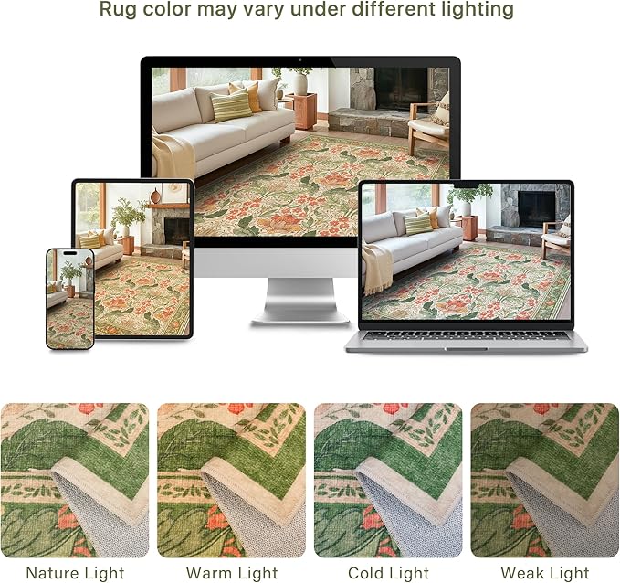 Bavni 5x7 Area Rugs for Living Room, Microfiber Machine Washable Non-Slip Vintage Floral Rug, Low Pile Lightweight Carpet for Bedroom, Dining Room, Home Office, Sage Green & Burnt Orange