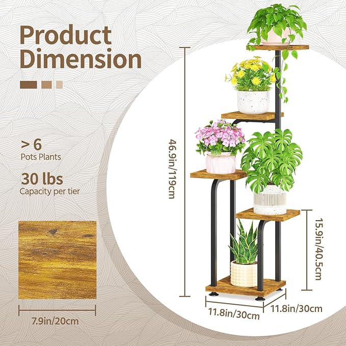 LASZOLA Black 5 Tiered Tall Wood and Metal Plant Stand Indoor with with Grow Lights, Large Heavy Duty Multi Level Vertical Planter Rack for Corner, Sturdy Rustic Tall Flower Shelving Holder for House