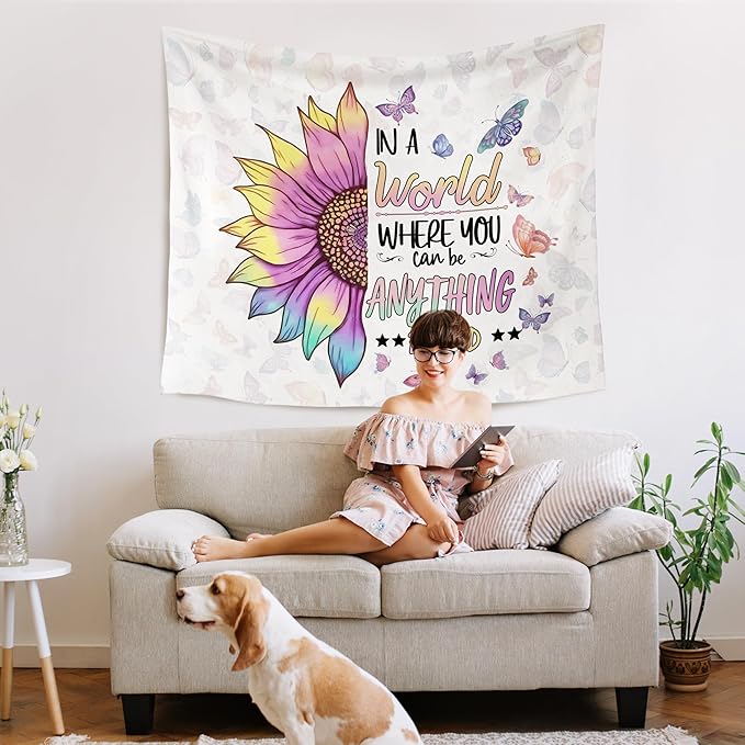 WARDOS Be Kind Sunflower Butterfly Decorations For Kids Tapestry, Inspirational Tapestry Wall Hanging, Be Kind Motivational Wall Blanket Decor for Home Living Room Bedroom Office Classroom, 50x60 Inch