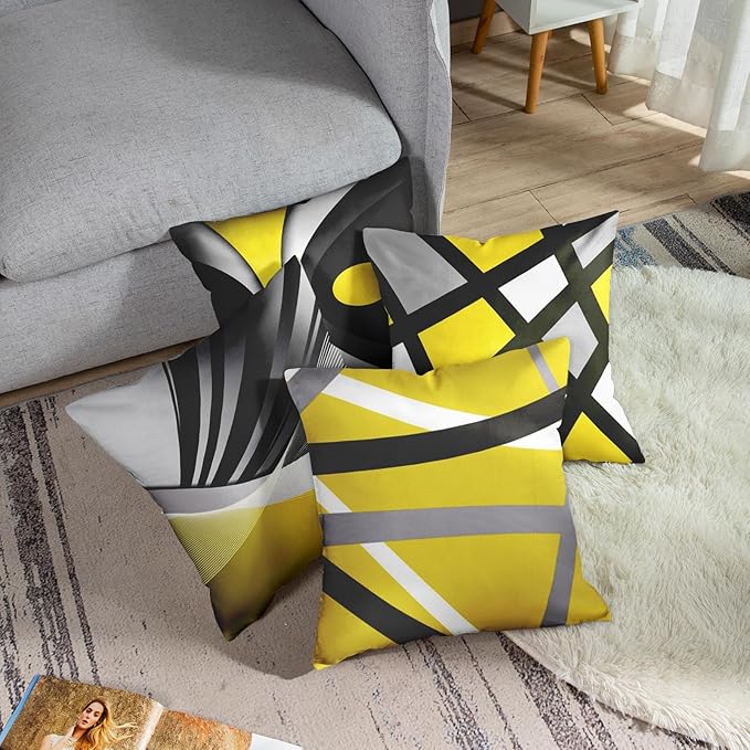 Emvency Set of 4 Yellow Throw Pillow Covers Modern Abstract Black Grey Stripes Gray White Acrylic Bold Decorative Pillow Cases Home Decor Square 18x18 Inches Pillowcases