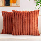 Pack of 2 Faux Fur Christmas Throw Pillow Covers 20x20 Inch, Soft Plush Striped Neutral Couch Pillow Cover, with Velvet Back Modern Home Decor for Sofa Living Room Couch Bed Rust
