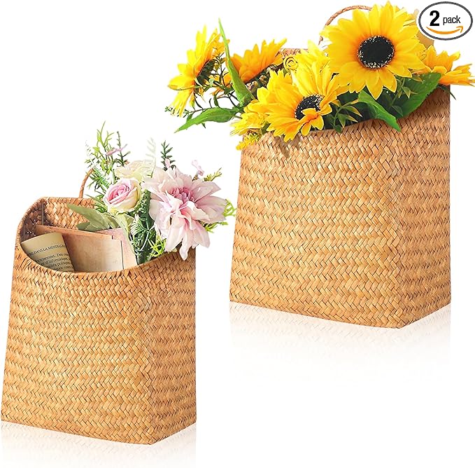 Boao 2 Pack Hanging Basket for Front Door Seagrass Wall Basket Hand Woven Different Sizes to Hold Flowers and Mail Wall Mounted Racks Storage Organize for Home Garden Farmhouse (Natural Color)