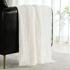 Exclusivo Mezcla Knit Throw Blanket with Fringes for Couch, Reversible Super Soft and Warm Woven Boho Throw for All Season, Home Decor, 50"x60", Ivory