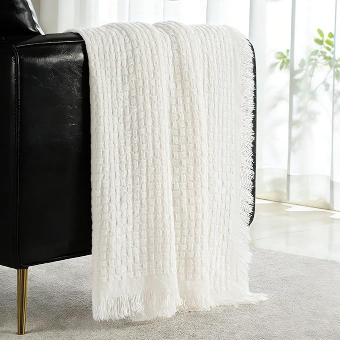 Exclusivo Mezcla Knit Throw Blanket with Fringes for Couch, Reversible Super Soft and Warm Woven Boho Throw for All Season, Home Decor, 50"x60", Ivory