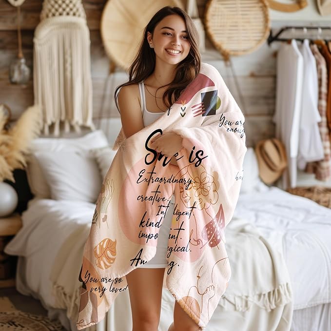 Boho Inspirational Blanket, Inspirational Gifts for Women, Birthday Gifts for Women Sister Grandma, She is Motivational Positive Throw Blankets for Girly Room Bedroom Home Decor, 50x60 in