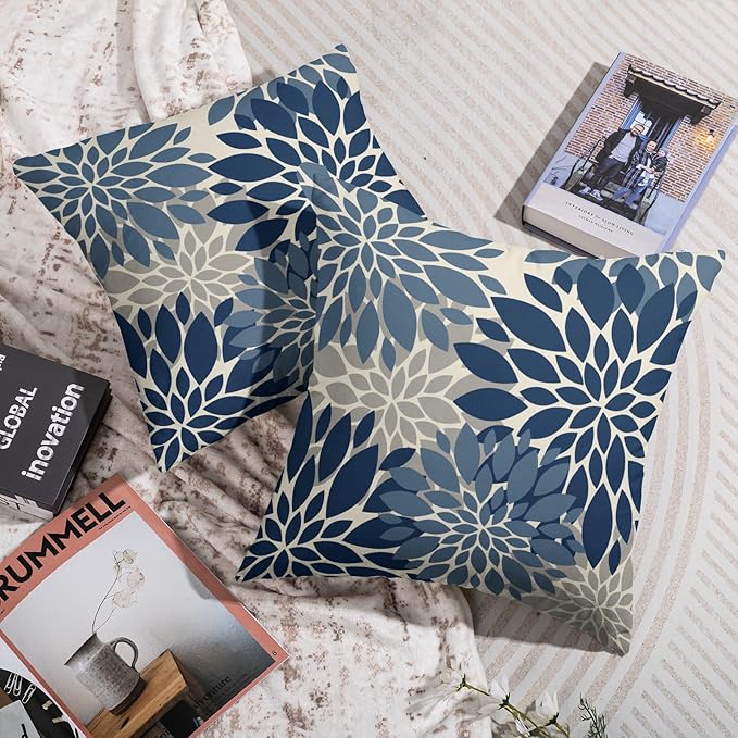 Dark Blue Grey Gray Pillow Covers 20X20 Inch Set of 2, Dahlia Flower Spring Summer Floral Cream Decorative Throw Pillow Covers Outdoor Modern Farmhouse Cushion Case for Home Couch Sofa Bed Decor