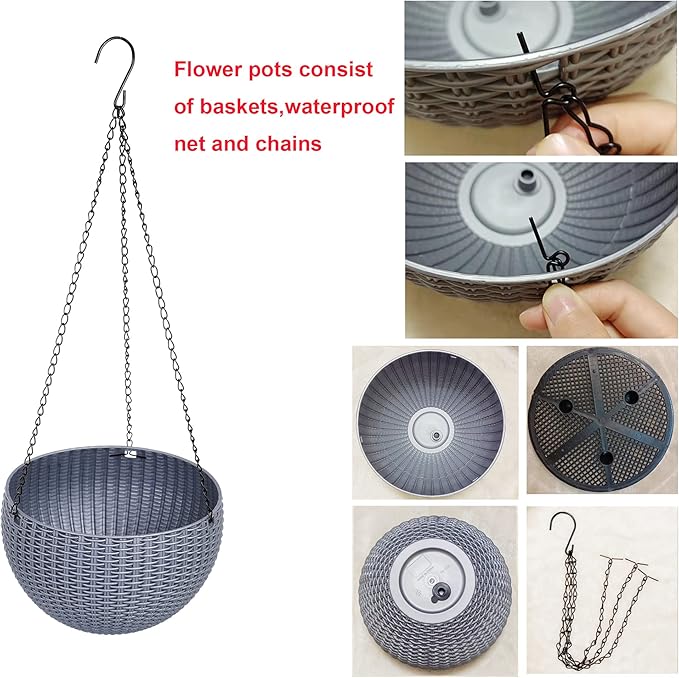 Hanging Basket Plastic Flower Pot Round Resin Garden Hanging Planter for Indoor Outdoor Plants 2 Pack Grey