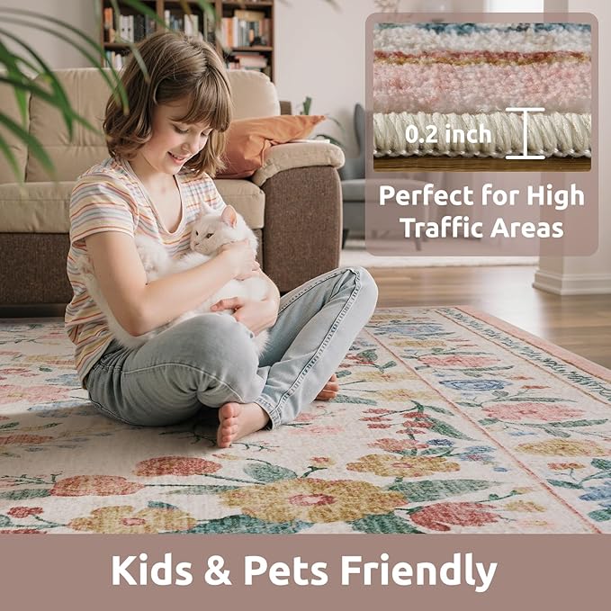 AMOAMI Vintage Floral 5x7 Area Rugs for Living Room Rug, Machine Washable Rug Non Slip Large Area Rug for Bedroom Indoor Low Pile Carpet Ultra Soft Boho Rugs for Dining Room Playroom Office, Beige