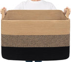 Goodpick Large Woven Blanket Basket 23.6" x 15.7" x 13.8" Cotton Rope Storage Organizer for Dirty Clothes Pillows Toys, Rectangle Wicker Laundry Basket with Handles, Black & Jute Mix