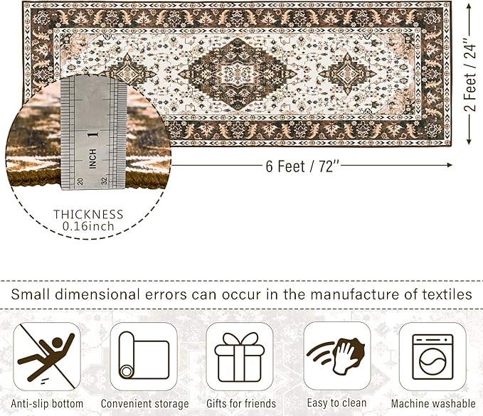 Amearea Vintage Design Runner Rugs for Living Room, 2x6 Machine Washable Floral Collection Traditional Bedroom Rug, Low Pile Cute Kids Room Print Carpet, No Slip Office Kitchen Home Decor, Brown
