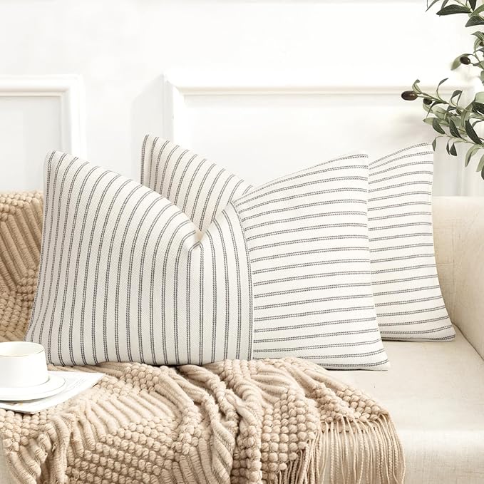 YCOLL Farmhouse Pillow Covers 12x20, Modern Accent Lumbar Throw Pillow Covers Set of 2, Grey and Beige Striped Patchwork Linen Decorative Pillows Cushion Covers for Couch Chair Bedroom Home Decor
