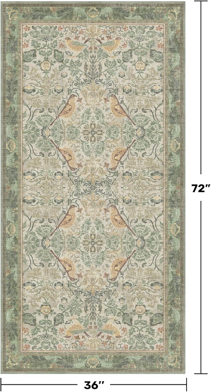Large Entryway Rugs Indoor - 3x6 Sage Washable Soft Area Rugs for Kitchen, Bedroom Bedside, Living Room, Door Mat Indoor Entrance, Hallway, Beige Woodland Flowers, Non Slip Stain Resistant Low Pile