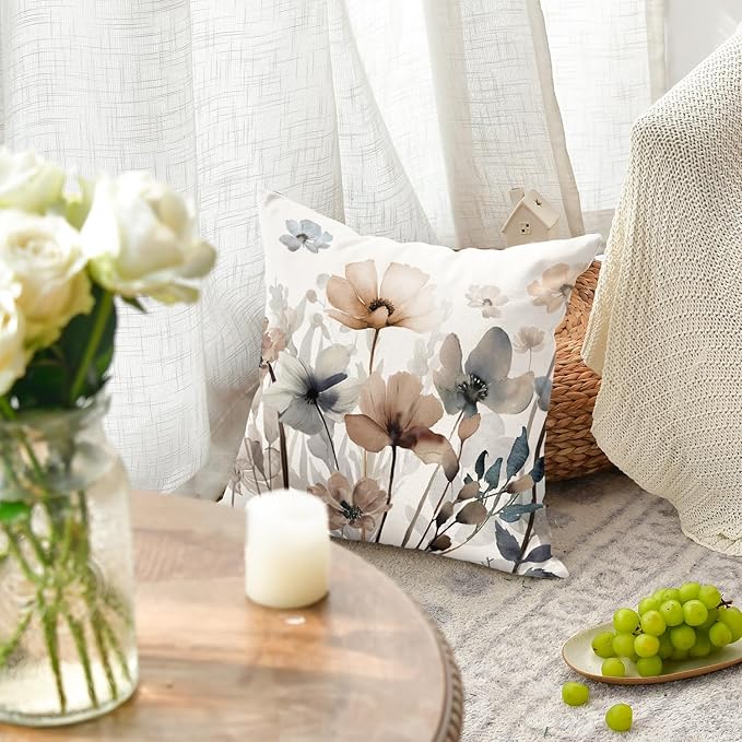 AVOIN colorlife Poppy Flowers Chinoiserie Throw Pillow Covers, 18 x 18 Inch Seasonal Leaves Cushion Case Decoration for Sofa Couch Set of 2