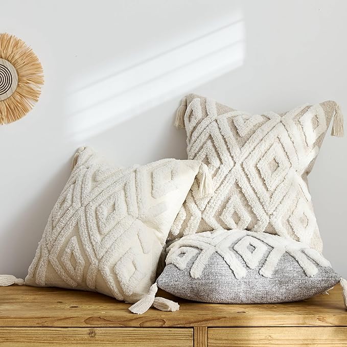 Boho Chic Woven Throw Pillow Covers 1PC, 18x18 Inch Tufted Decorative Pillowcases with Tassels for Elevating Couch, Sofa & Living Room Aesthetic (White, 18" x 18" (Pack of 1))