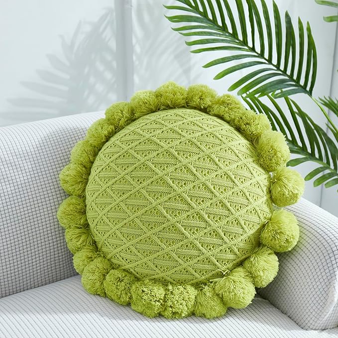 Acrylic Knitted Round Throw Pillow Knitting Bohemian Circular Cushion Pillow with Knit Handmade Pompoms Decorative Apple Green, Diameter 18inches