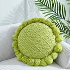 Acrylic Knitted Round Throw Pillow Knitting Bohemian Circular Cushion Pillow with Knit Handmade Pompoms Decorative Apple Green, Diameter 18inches