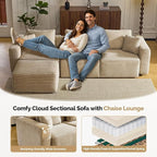 VINGLI 112.2“ Convertible Corduroy Cloud Sectional Couches with Movable Ottoman, L-Shaped Boneless Couches for Living Room with Deep Seat, 3 Seater Modular Spineless Sofa, No Assembly Required, Khaki