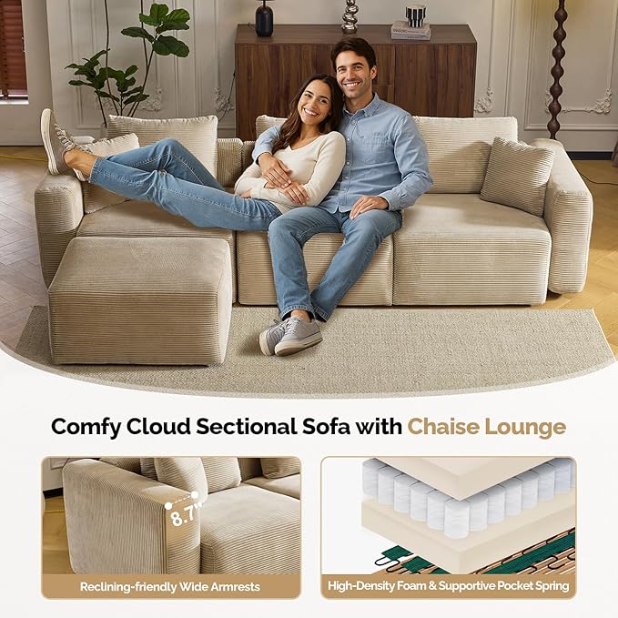 VINGLI 112.2“ Convertible Corduroy Cloud Sectional Couches with Movable Ottoman, L-Shaped Boneless Couches for Living Room with Deep Seat, 3 Seater Modular Spineless Sofa, No Assembly Required, Khaki
