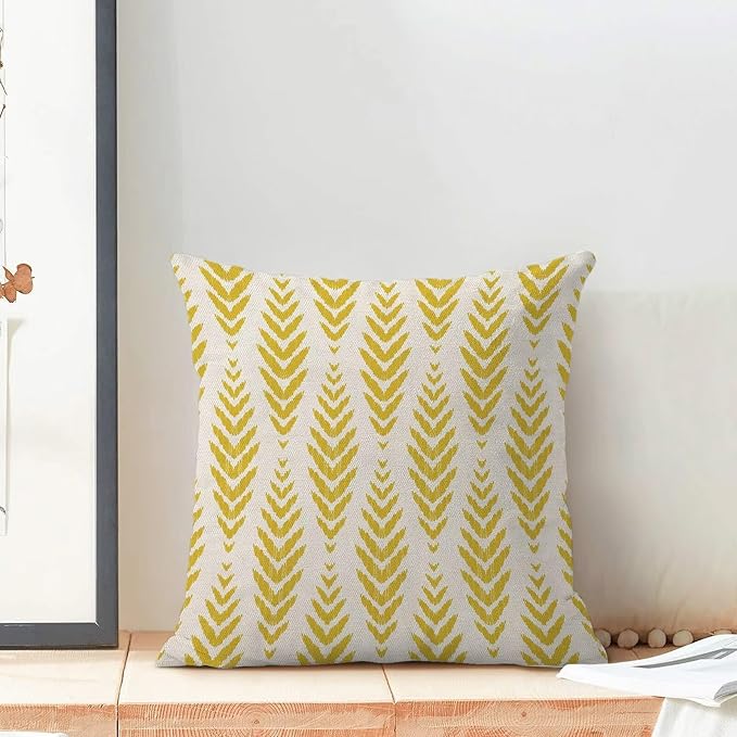 BETGINY Yellow Boho Pillow Covers 18 x 18 Inch Pack of 2, Bohemian Ethnic Herringbone Pattern Decorative Throw Pillow Covers Vintage Linen Farmhouse Outdoor Pillowcase for Bedroom Home Sofa Decor