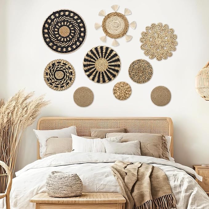 LOMOHOO Set of 9 Boho Wall Basket Decor Wicker Woven Wall Basket Decorations Bohemian Handcrafted Round Basket Hanging decor Bulrush Wall Art Decors for Living Room Rustic Home