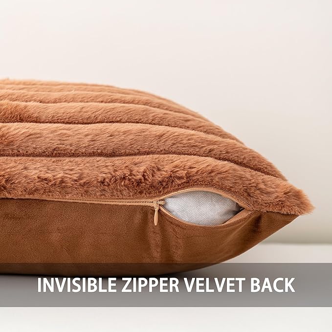 Pack of 2 Faux Fur Fall Throw Pillow Covers 16x16 Inch, Soft Plush Striped Neutral Couch Pillow Cover, with Velvet Back Modern Home Decor for Sofa Living Room Couch Bed Dark Brown
