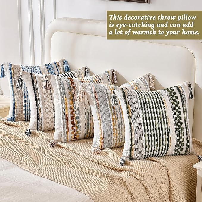 AmHoo Set of 2 Chenille Striped Textured Boho Throw Pillow Covers Aesthetic with Tassels Woven Decorative Pillow Case for Couch Bed Sofa Bedroom Modern Funky 18 x 18-Inch Black