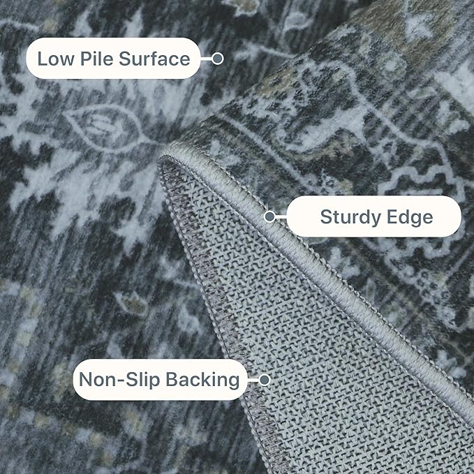 GENIMO 5FT Round Area Rugs for Living Room, Circle Rugs Machine Washable Low Pile, Chenille Non Slip Vintage Rug for Bedroom, Dining Room, Home Office, Charcoal Brown