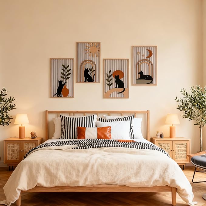 suruim Black Cat Wall Art Set of 4, Cat Wall Decor & Black Cat Decor, Mid-Century 3D Wooden Cat Art Wall Decor for Bedroom Living Room Office Boho Home Decor