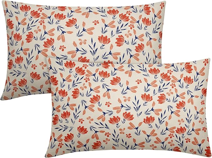 Navy Blue Orange Floral Pillow Covers 12x20 Set of 2 Vintage Rustic Old Style Cute Small Flower Print Rectangle Decorative Outdoor Pillowcases Fall Throw Cushion Case Decor for Couch Sofa Bed