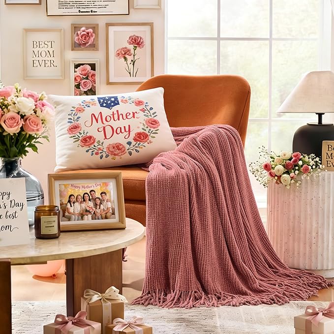 inhand Coral Pink Chunky Chenille Throw Blanket for Couch Bed, Mothers Day/Mom Birthday Gifts for Mom from Daughter Son,Soft Boho Knitted Blanket,Cozy Decor for Living Room,50"x60",Extra Thick