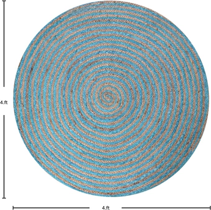 Circle Area Rug - 3 Ft' Round Blue Natural Chindi Cotton Jute Mat Geometric Kilim Rug Indoor Outdoor Use Flatweave Rugs for Bedroom Bedside Round Dining Table Mat Hall & Kitchen