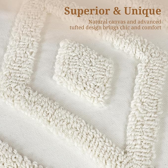 Boho Throw Pillow Covers 18x18 Inch with Tassels, White Tufted Square Bohemian Decorative Pillow Covers Set of 1, Farmhouse Woven Cushion Cases for Couch Sofa Bed Living Room Home Decor