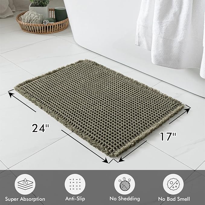 MIULEE Set of 2 Waffle Bathroom Rugs, Super Absorbent Non Slip Bath Rugs, Washable Bath Mats with Tassels, Ultra Soft Rubber Backed Shower Mats for Bathroom Floor, Tub, Green, 17x24 Inch