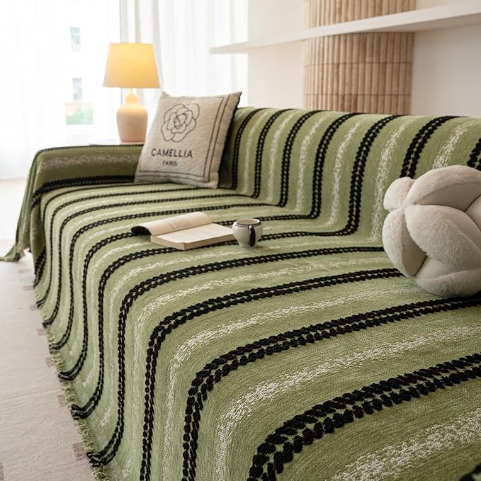 VClife Chenille Sofa Cover Bohemian Striped Pattern Couch Cover for 3 Cushion Sofa - Sage Green Black Textured Sofa Slipcover Washable Furniture Protector for Couch Decorative Couch Cushion Cover