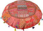Indian Handmade Patchwork Codework Orange Round Pouf Cover Ottoman Floor Pillow Cushion Seating Throw Decorative Pom Pom Pillow Cases Boho 32 Inches, BFPC0109