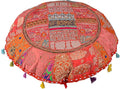 Indian Handmade Patchwork Codework Orange Round Pouf Cover Ottoman Floor Pillow Cushion Seating Throw Decorative Pom Pom Pillow Cases Boho 32 Inches, BFPC0109
